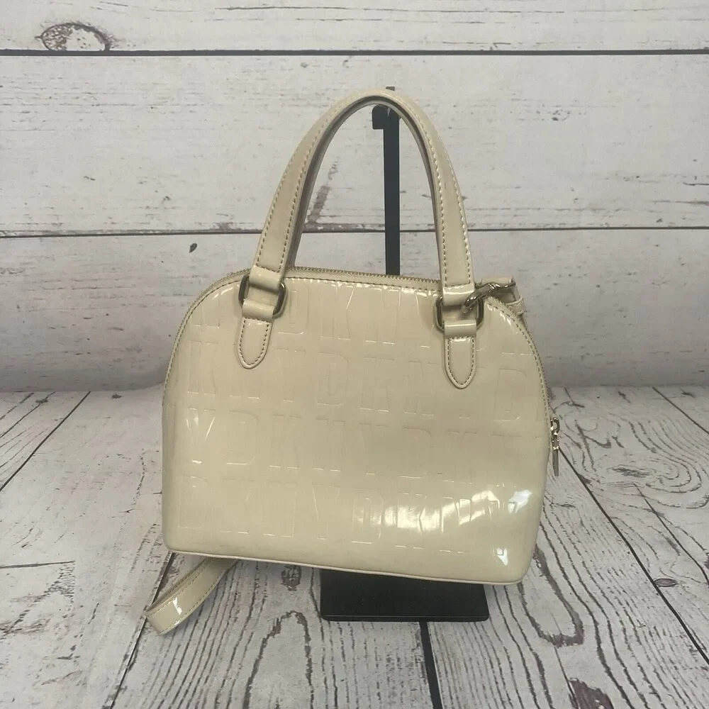 Dkny PVC‎ Monogram Embossed Satchel Beige Small Chic Everyday Adjustable Stap